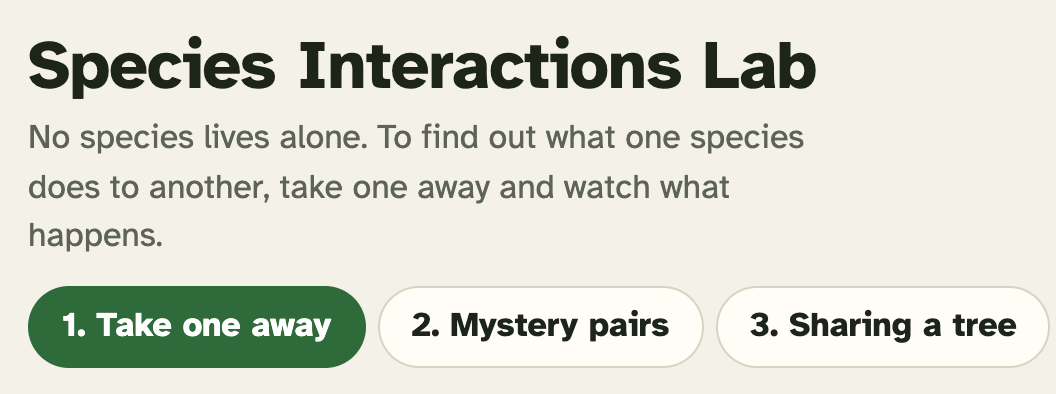 The top of the lab page, showing the title and three tabs: Take one away, Mystery pairs, Sharing a tree