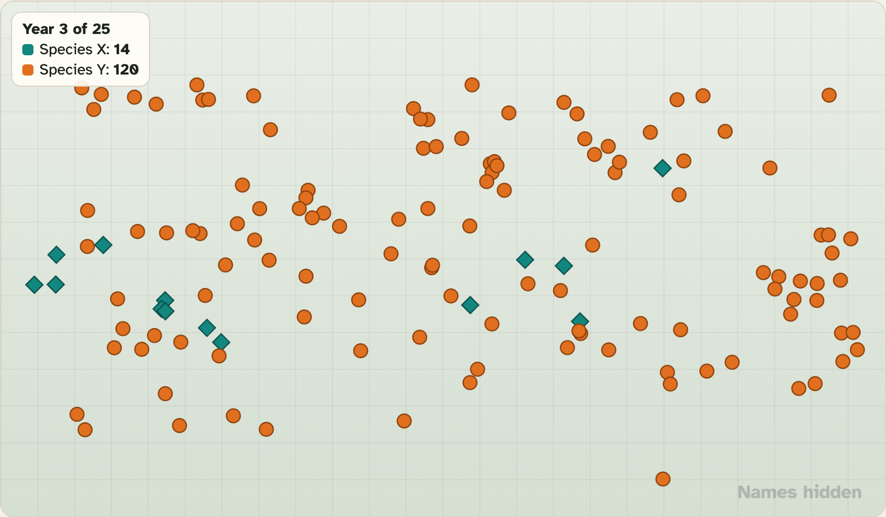 The mystery habitat in the lab in year 3: teal diamonds and orange circles on a plain grid, with the words Names hidden
