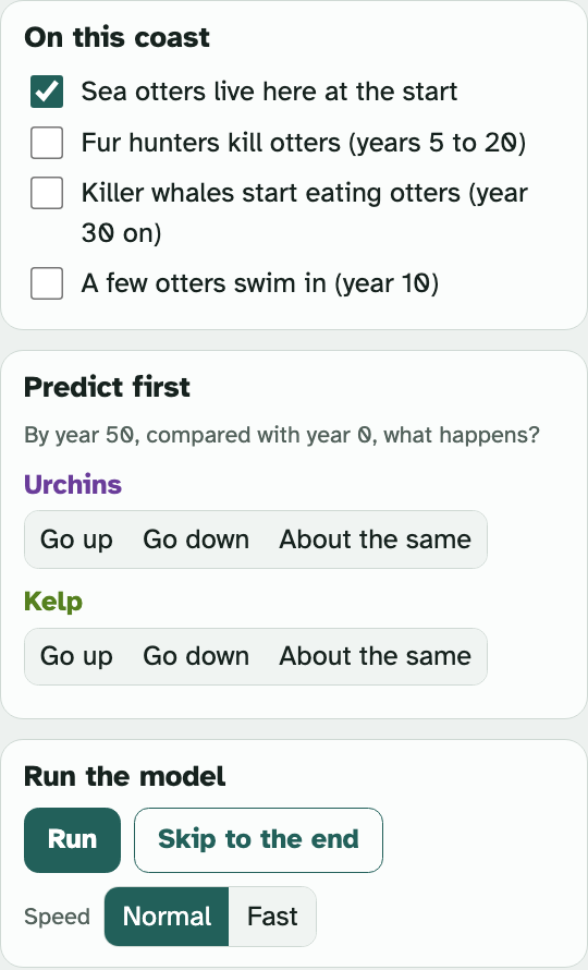 The lab's right-hand panel on Tab 2: the On this coast checkboxes, the Predict first buttons and the Run button