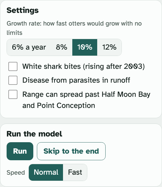 The lab's Settings box on Tab 3: growth rate buttons with 10% picked, three checkboxes for shark bites, disease and range, and the Run and Skip to the end buttons