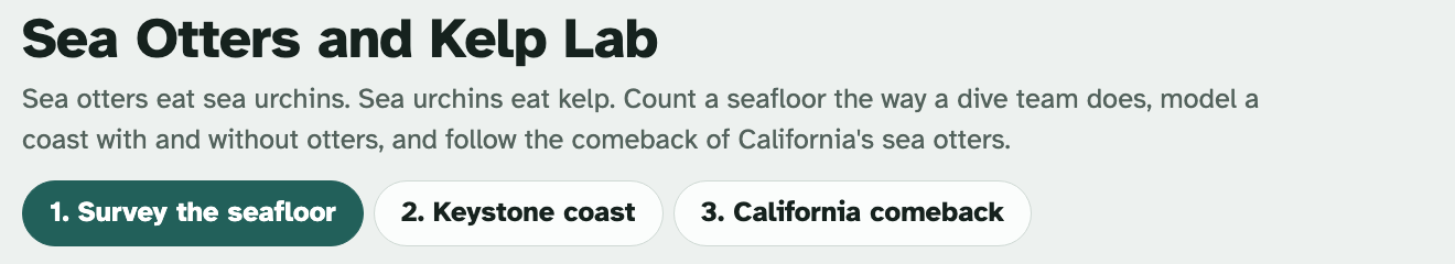 The top of the lab page, showing the title and three tabs: Survey the seafloor, Keystone coast, California comeback