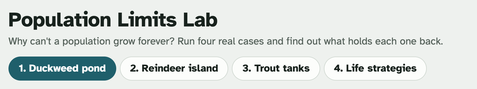 The top of the lab page, showing the title and four tabs: Duckweed pond, Reindeer island, Trout tanks, Life strategies