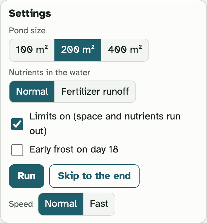 The Settings box in the lab: buttons for pond size and nutrients, check boxes for Limits on and Early frost on day 18, then Run, Skip to the end and Speed