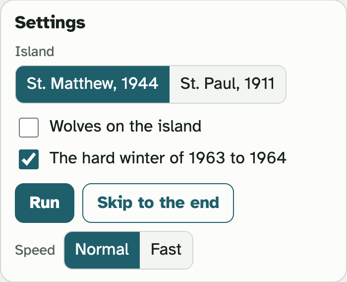 The Settings box in the lab: buttons for St. Matthew, 1944 and St. Paul, 1911, check boxes for Wolves on the island and The hard winter of 1963 to 1964, then Run, Skip to the end and Speed
