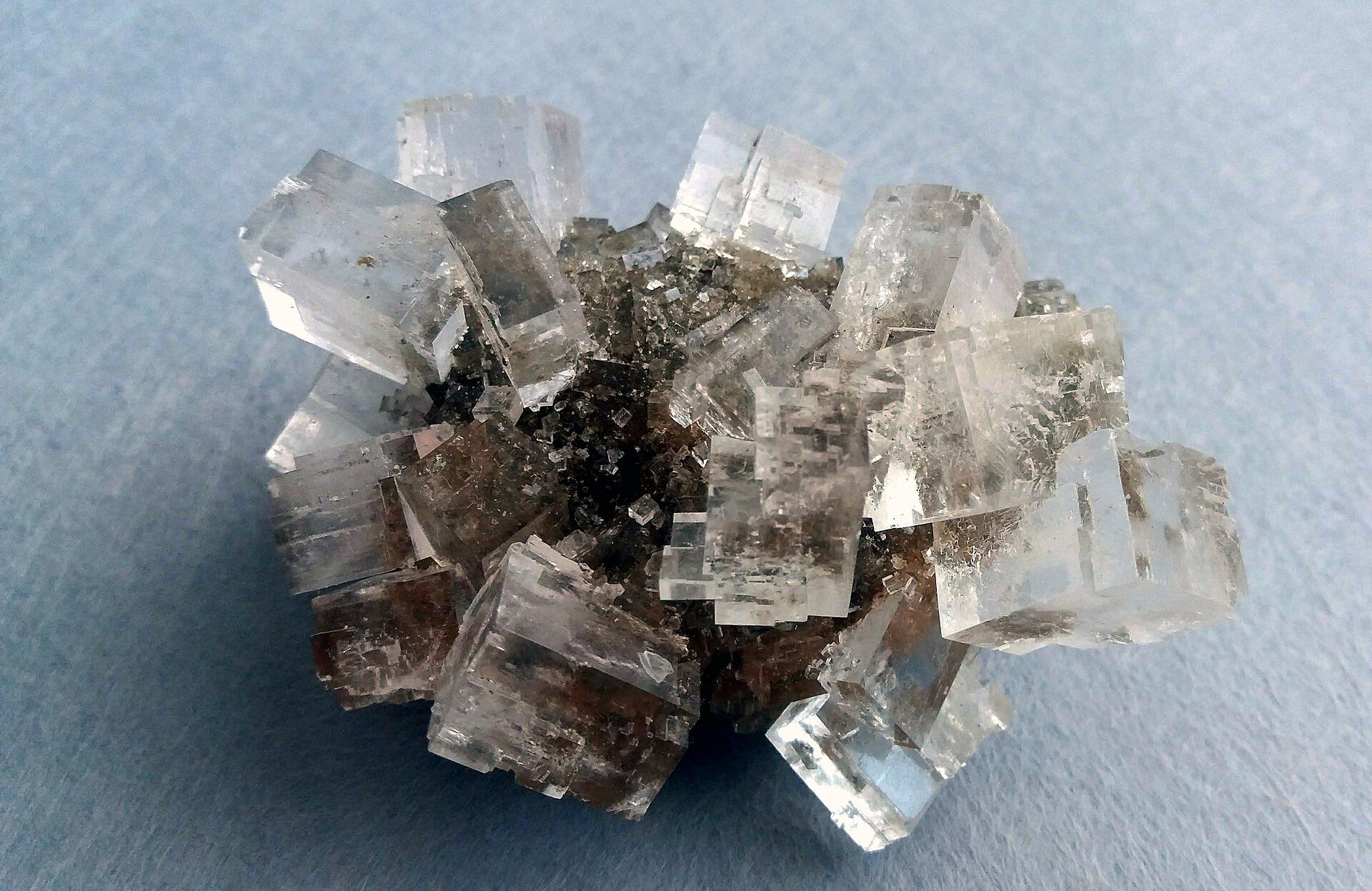 A cluster of clear, cube-shaped salt crystals on a pale blue background