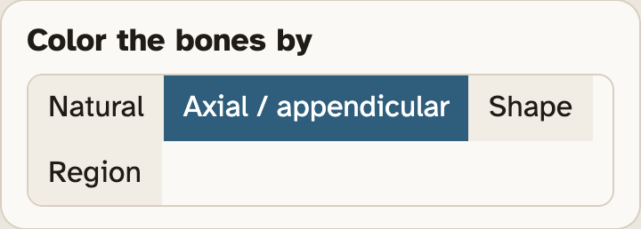 The Color the bones by box in the lab, with four buttons: Natural, Axial / appendicular, Shape and Region