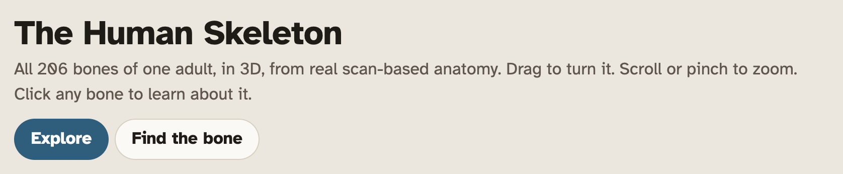 The top of the lab page, showing the title The Human Skeleton and two tabs: Explore and Find the bone