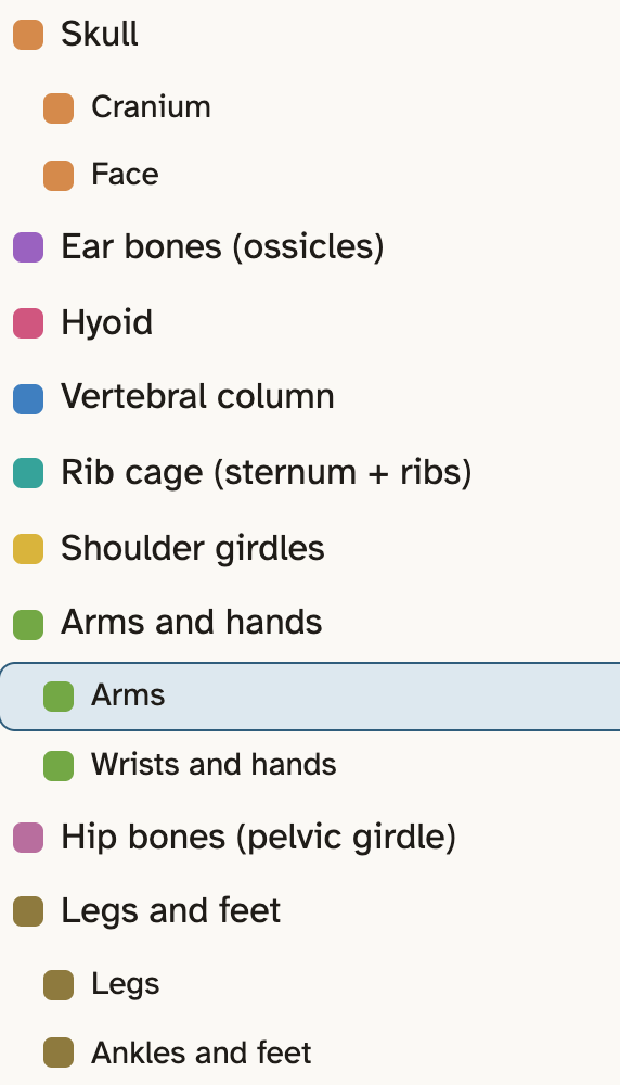 The key in the lab for Region: Skull, Cranium, Face, Ear bones, Hyoid, Vertebral column, Rib cage, Shoulder girdles, Arms and hands, Arms, Wrists and hands, Hip bones, Legs and feet, Legs, and Ankles and feet. The Arms row is picked