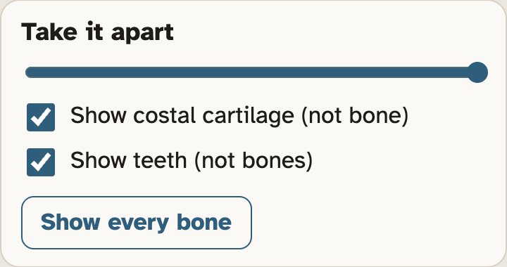 The Take it apart box in the lab: a slider dragged all the way to the right, two tick boxes for cartilage and teeth, and a Show every bone button