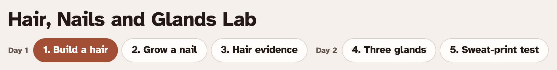 The top of the lab page, showing the title and five tabs: Build a hair, Grow a nail, Hair evidence, Three glands, Sweat-print test
