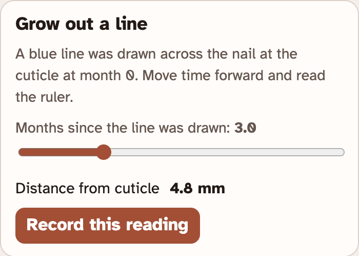 The Grow out a line card in the lab, with a slider for months since the line was drawn, the distance from the cuticle and a Record this reading button