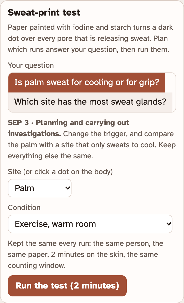 The Sweat-print test box in the lab, with two questions to pick from, a planning note, menus for the site and the condition, a list of what is kept the same and a Run the test button