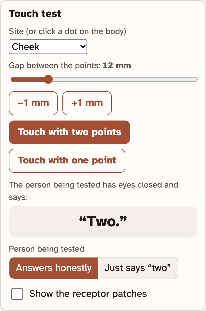 The Touch test box in the lab: a site menu, a gap slider, buttons to touch with two points or one point, a box that shows what the person said, and a choice of person