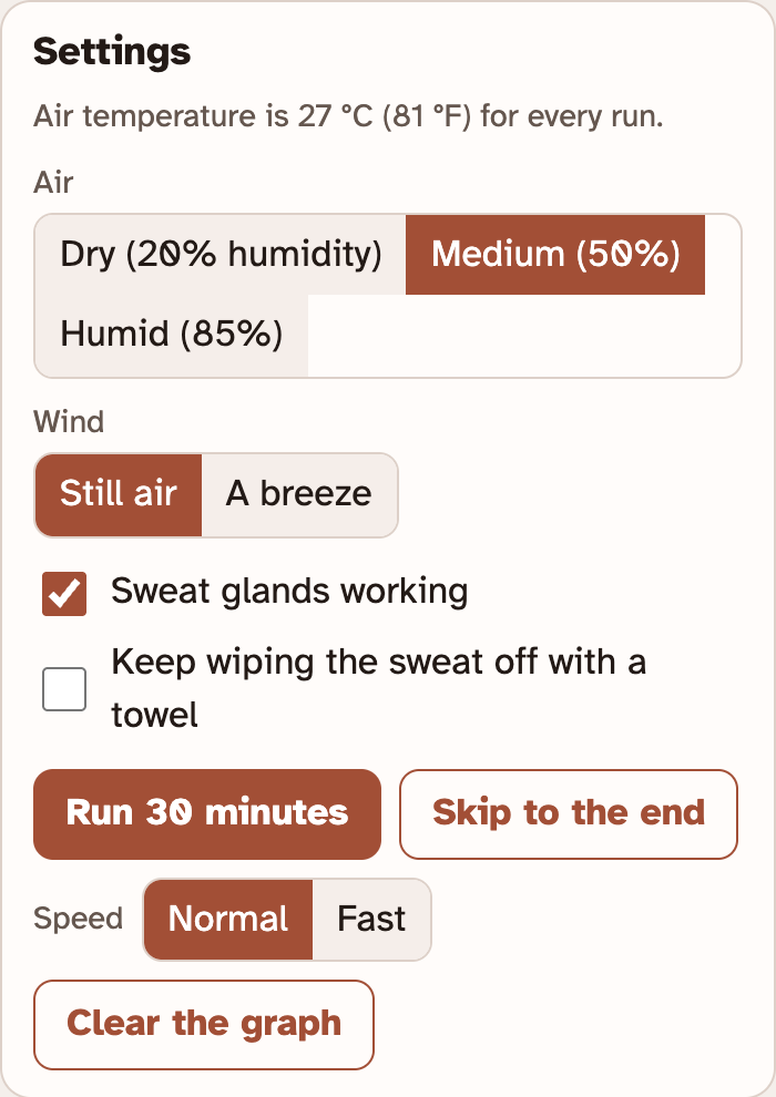 The Settings box in the lab: buttons for the air and the wind, two check boxes for sweat glands and a towel, and buttons to run 30 minutes or skip to the end
