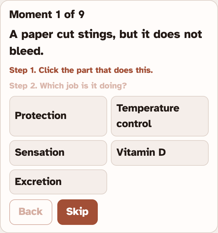 The moment box in the lab: Moment 1 of 9, the moment in bold, Step 1 and Step 2, five job buttons, and Back and Skip buttons