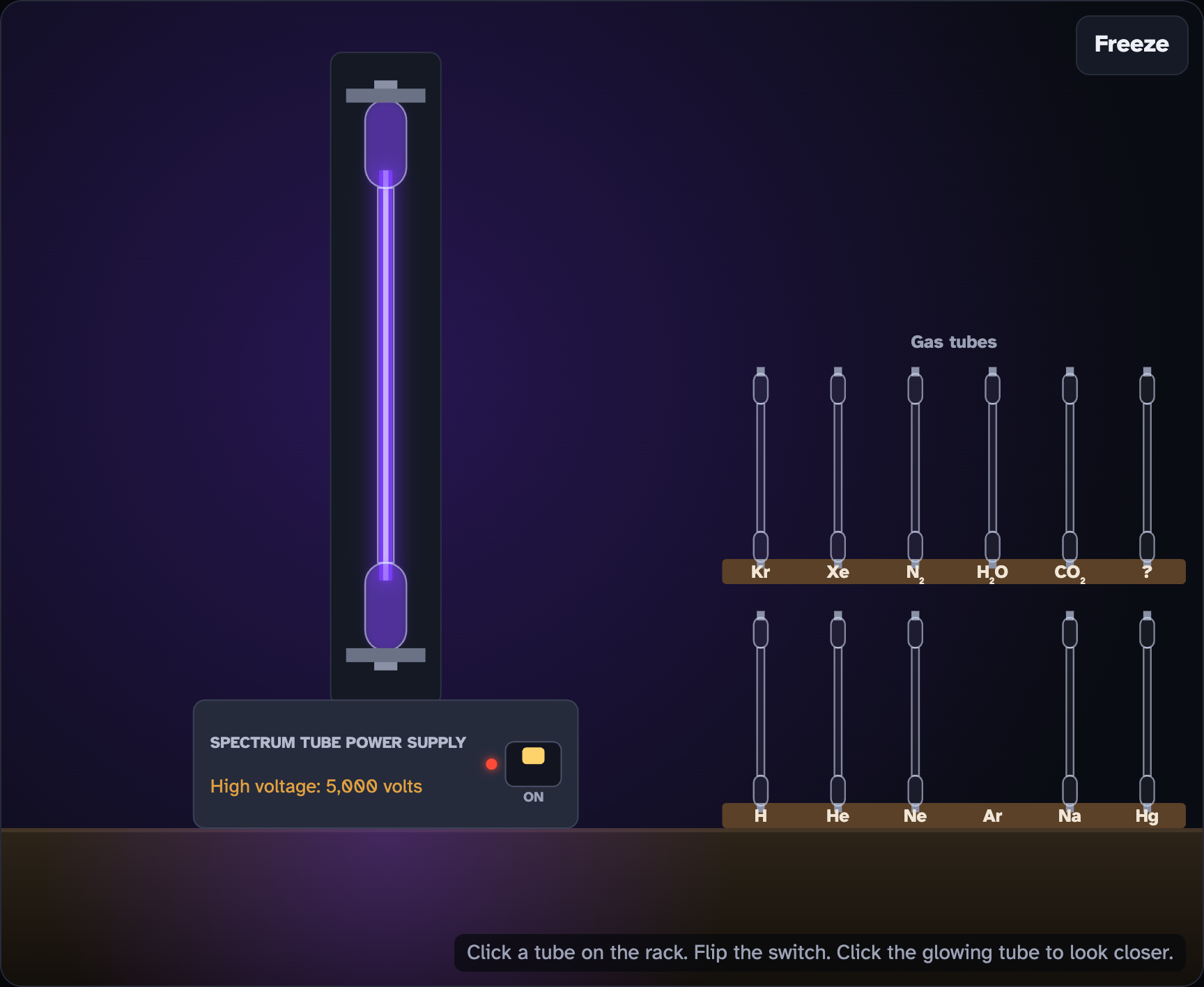 The lab bench with a glowing purple gas tube standing in the power supply and a rack of spare tubes beside it