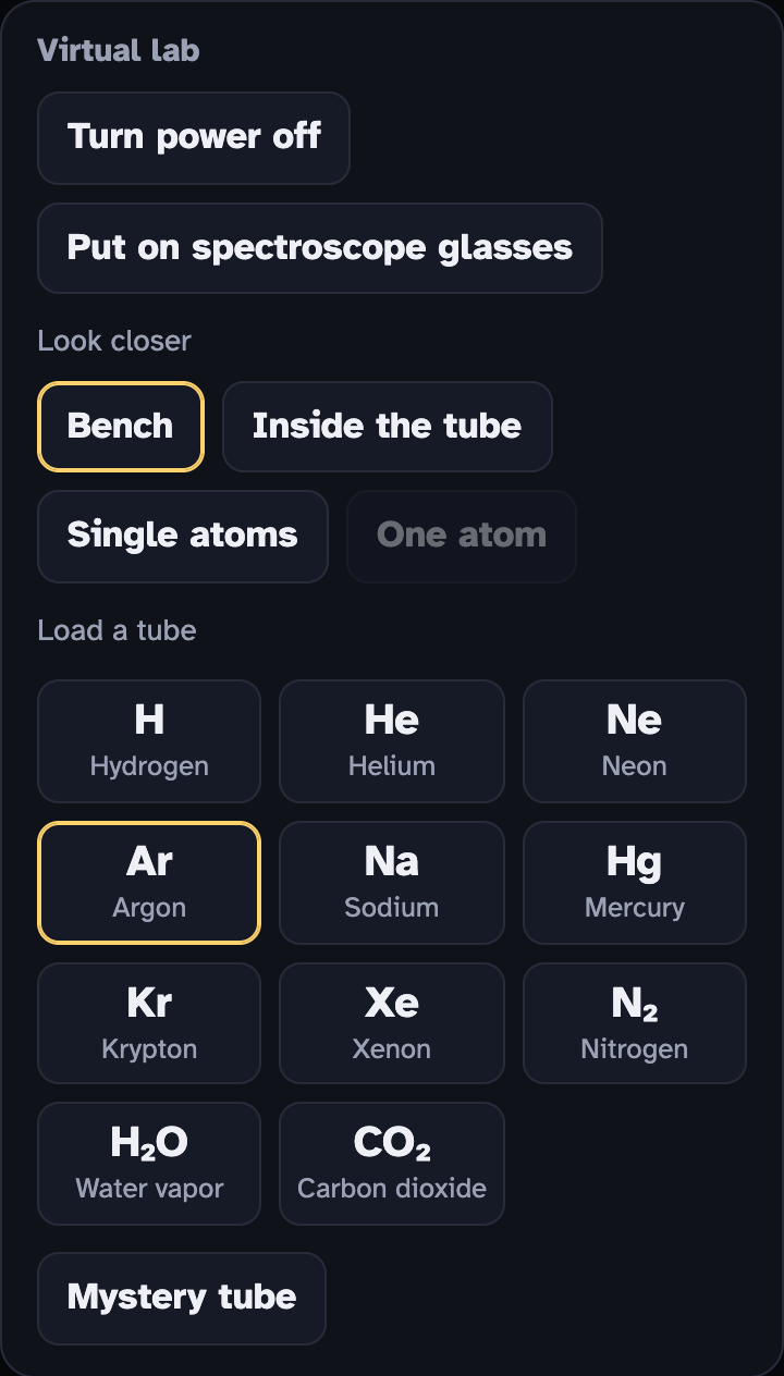 The Virtual lab box: buttons for Turn power off and Put on spectroscope glasses, four Look closer buttons, a grid of eleven gas tubes to load, and a Mystery tube button