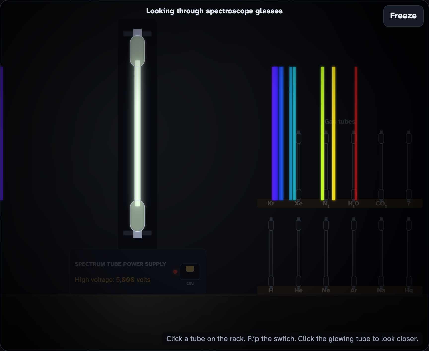 The bench seen through spectroscope glasses: the room is dark and copies of the glowing tube in blue, green, yellow and red stand beside it