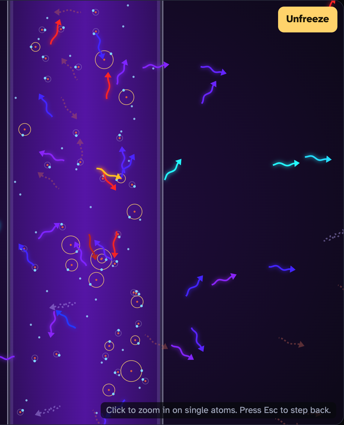 A close view inside a glowing purple gas tube: small circles for atoms, tiny blue dots, and wavy colored arrows flying out through the glass