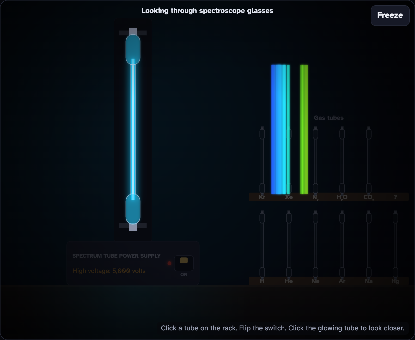 A mystery tube seen through spectroscope glasses: the tube glows blue, with a group of blue lines and a few green lines beside it