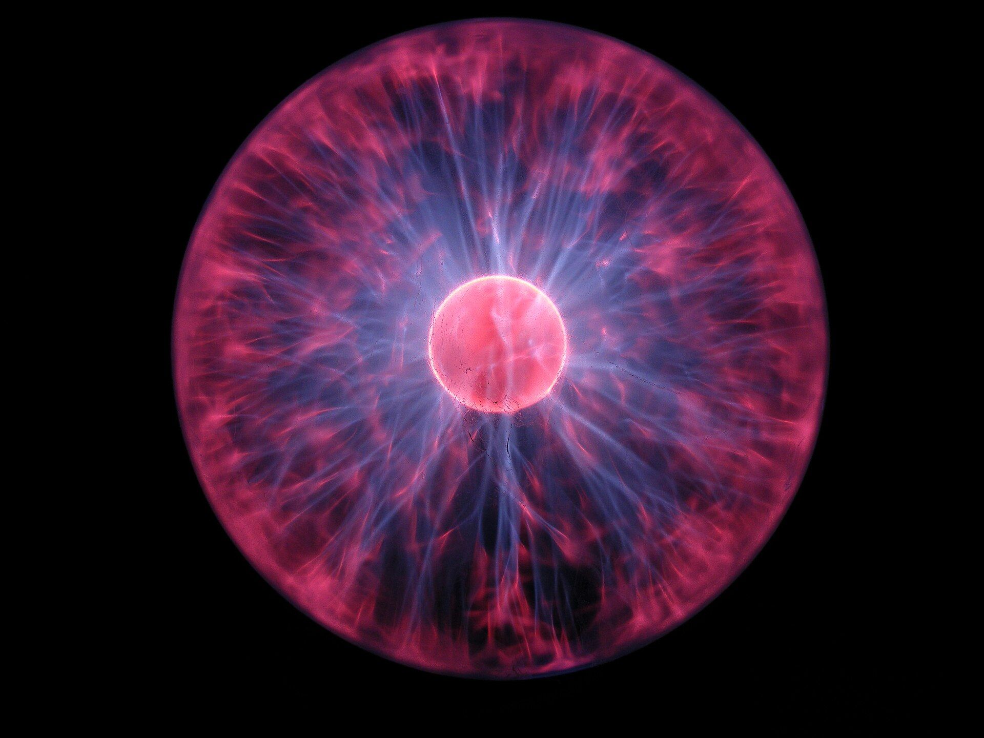 A plasma globe: a glass ball with pink and purple streamers of glowing gas reaching from the center to the glass