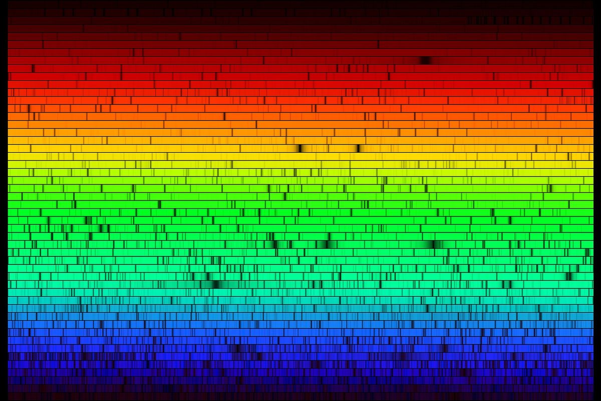 The light of the Sun spread out into rows of color from red at the top to violet at the bottom, crossed by many thin dark lines